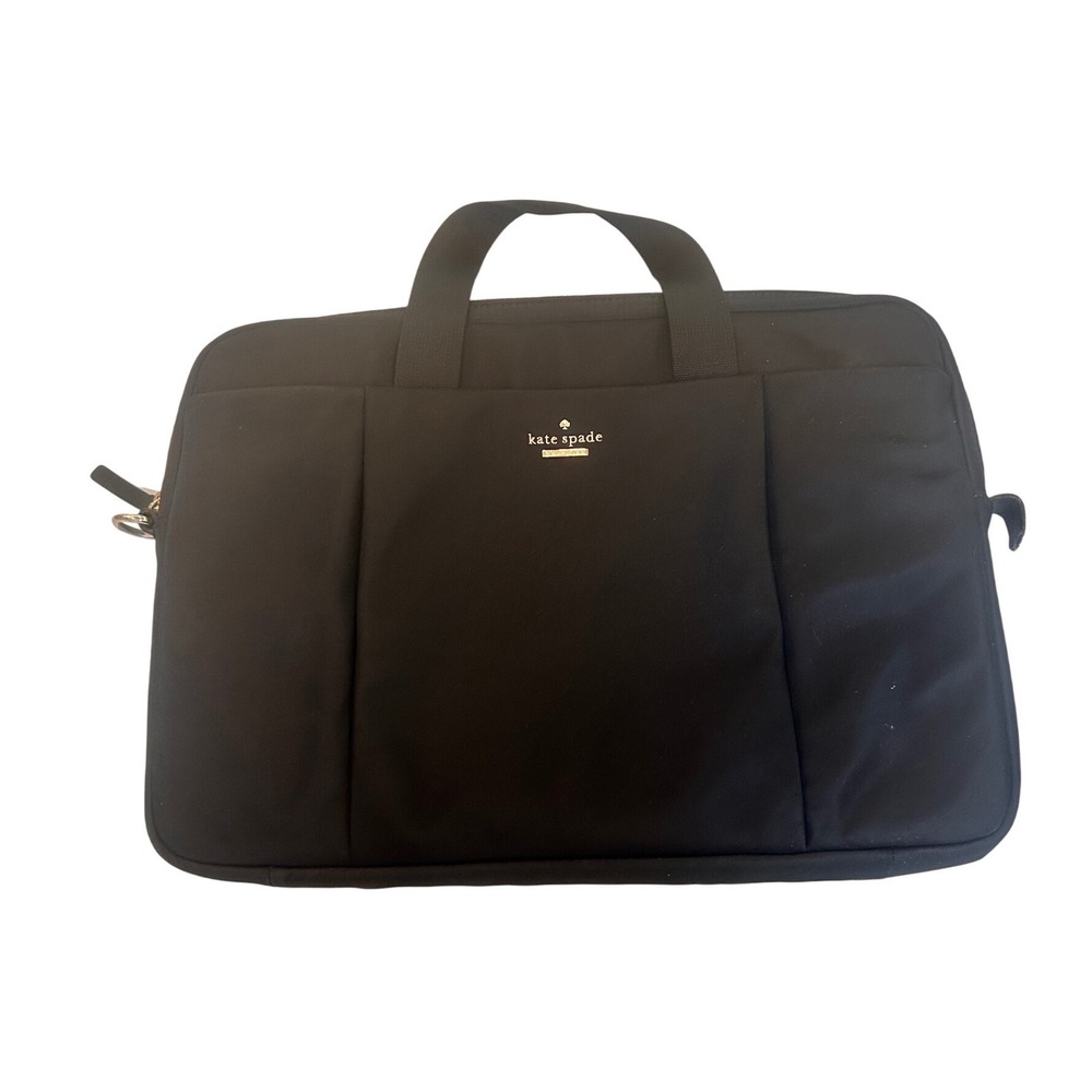 Kate Spade Black Nylon Laptop Bag Briefcase Striped Lining Gold Logo Tech Case